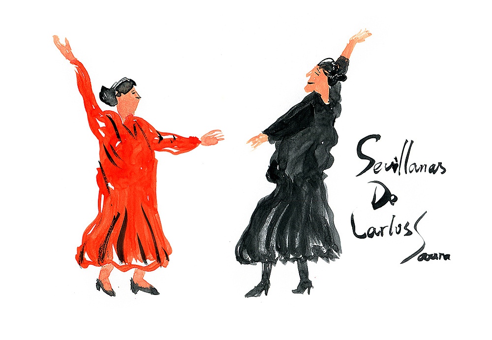 Dos mujers vestidas de flamenca bailando sevillanas